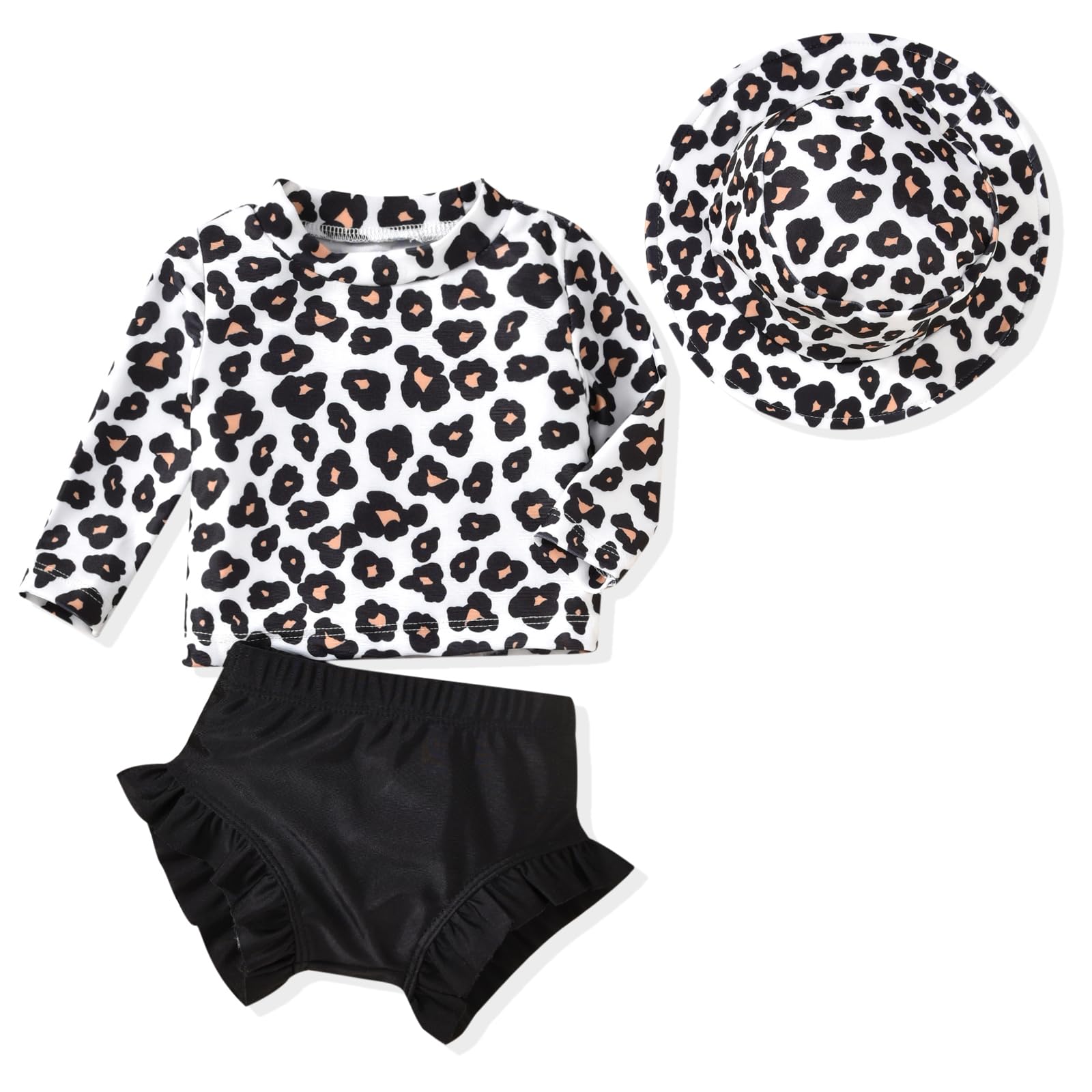 Photo 1 of 12 Month Infant Baby Girl Long Sleeve 2 Piece Leopard Swimsuit Cheetah Bathing Suit Swimwear Beach Wear with Hat 12-18 Months