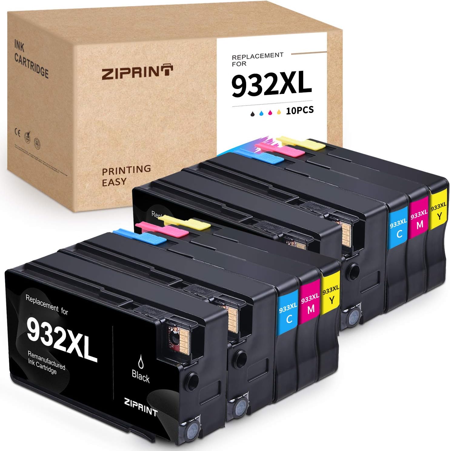 Ziprint Compatible Ink Cartridge Replacement for HP 932 933 XL 932XL 933XL for HP OfficeJet 6100 6600 6700 7110 7510 7610 7612 Printer (Black Cyan Magenta Yellow, 10-Pack)
