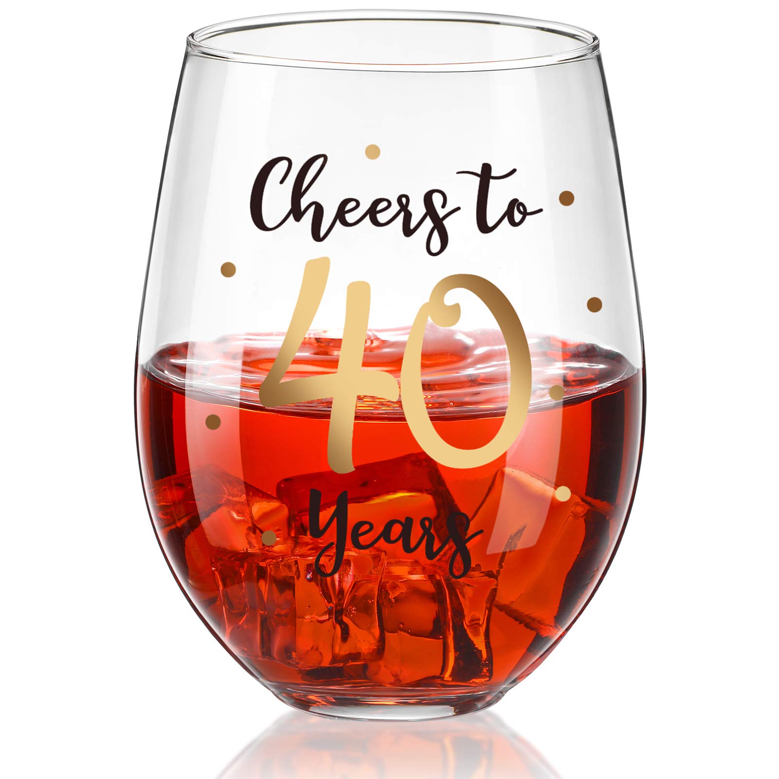 40th Birthday Stemless Wine Glass, Gold Cheers to 40 Years Birthday Wine Glass Present for Men Women 40th Birthday Party Wedding Anniversary Party Decorations Home Office Supplies, 17 oz Stemless