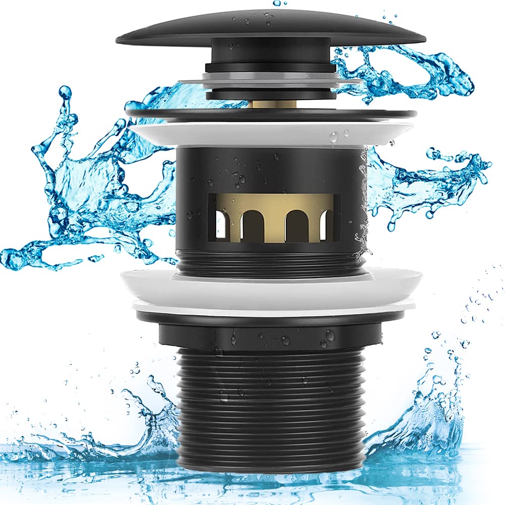 Basin Sink Waste, Waste Slotted Basin Sink, Pop Up Basin Sink Waste, Copper Unslotted Pop Up Sprung Plug Basin Sink Without Overflow for Bathroom, Washbasin, Sink Basin (Black)