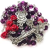 Lourdes Purple Crystal Cut Red Rose Rosary Beads Catholic for Women - Catholic Gifts - Rosary Necklace for Women