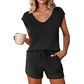 Ekouaer Womens Pajama Sets 2 Piece Lounge Sets Comfy Short Sleeve Tops and Shorts Cute Pjs Outfits Set S-XXL