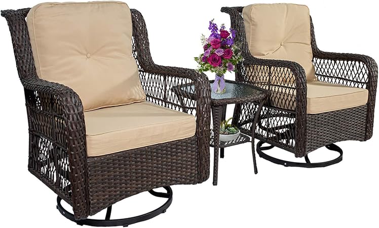 Amazon Com 3 Piece Patio Furniture Wicker Rocker Swivel Chairs Outdoor Bistro Set 2 Cushioned Patio Chairs 1 Side Table For Outdoor Or Indoor Use Porch Backyard Garden Brown Garden Outdoor