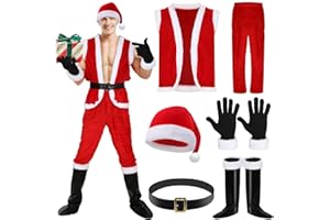 Liitrsh 6 Pcs Santa Claus Costume for Men Christmas Santa Outfit Vest Tops Santa Hat Pant Gloves Belt Shoe Covers for Cosplay