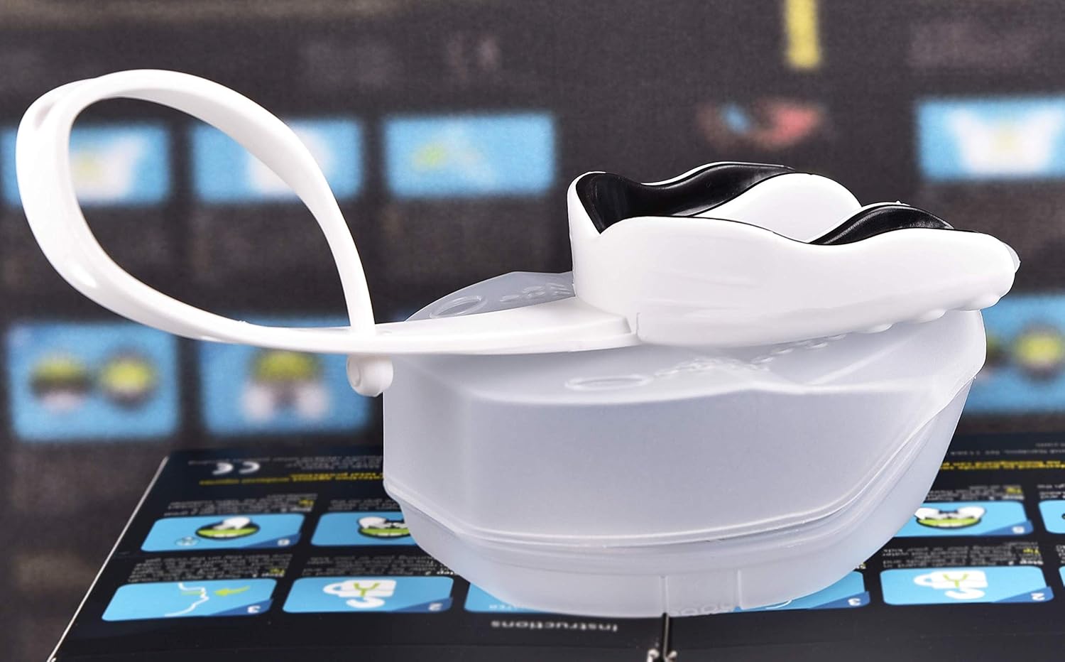 Oral Mart White/Black Sports Mouth Guard with Strap (Ice Hockey/Football/Lacrosse) - Strapped Mouthguard for Football, Hockey, Lacrosse, College Football (with Free Case) : Sports & Outdoors