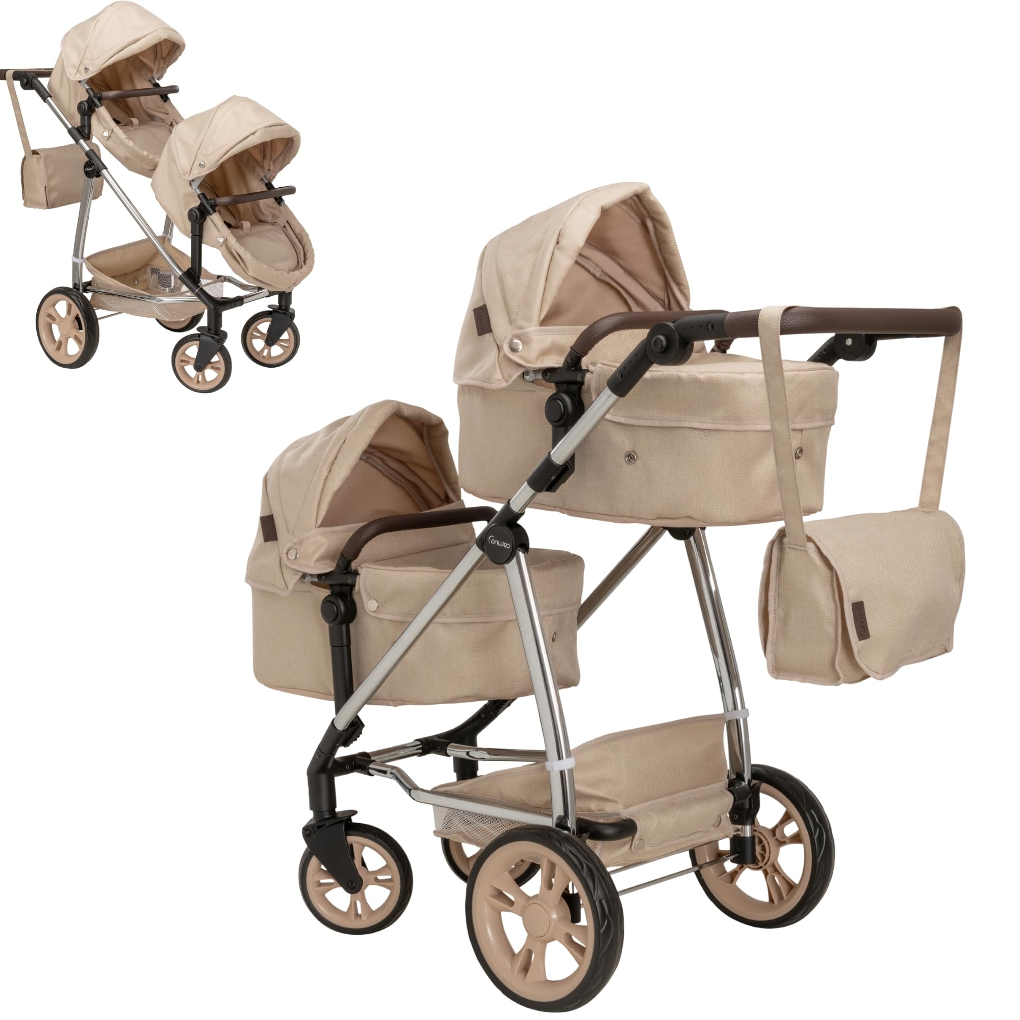 Celuna Premium Stone Twin Dolls Travel System with 9 Play Patterns | Adjustable Handle 73.5–81.5cm | Twin Dolls Pram & Pushchair | Luxury Pretend Play Travel System for Children Aged 3+