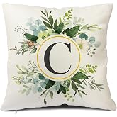 Snycler Monogram Letter C Throw Pillow Covers Floral 18x18 Inch, Greenery Spring Pillows Decorative Throw Pillows Pillowcase Summer Farmhouse Decor for Couch Sofa, Family Last Name Initial Pillow Case
