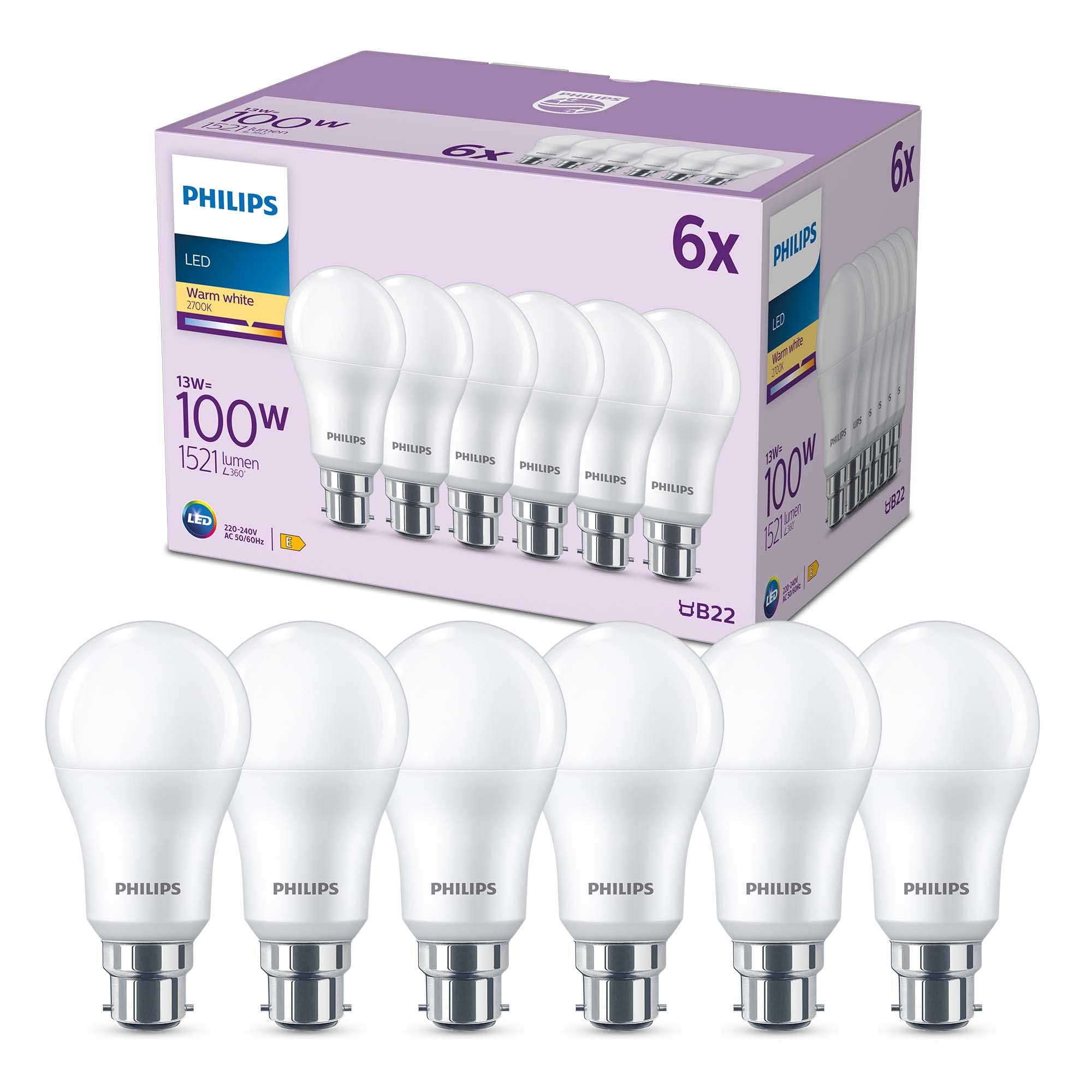 Philips LED Frosted A60 Light Bulb 6 Pack [Warm White 2700K - B22 Bayonet Cap] 100W, Non Dimmable. for Home Indoor Lighting, Value Range — image 1