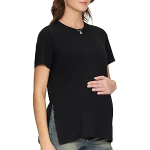 Women's Maternity Shirts, Crew Neck Maternity Top Short Sleeve | Side Split Shape, Pregnancy Tee Design, Casual Wardrobe Basi