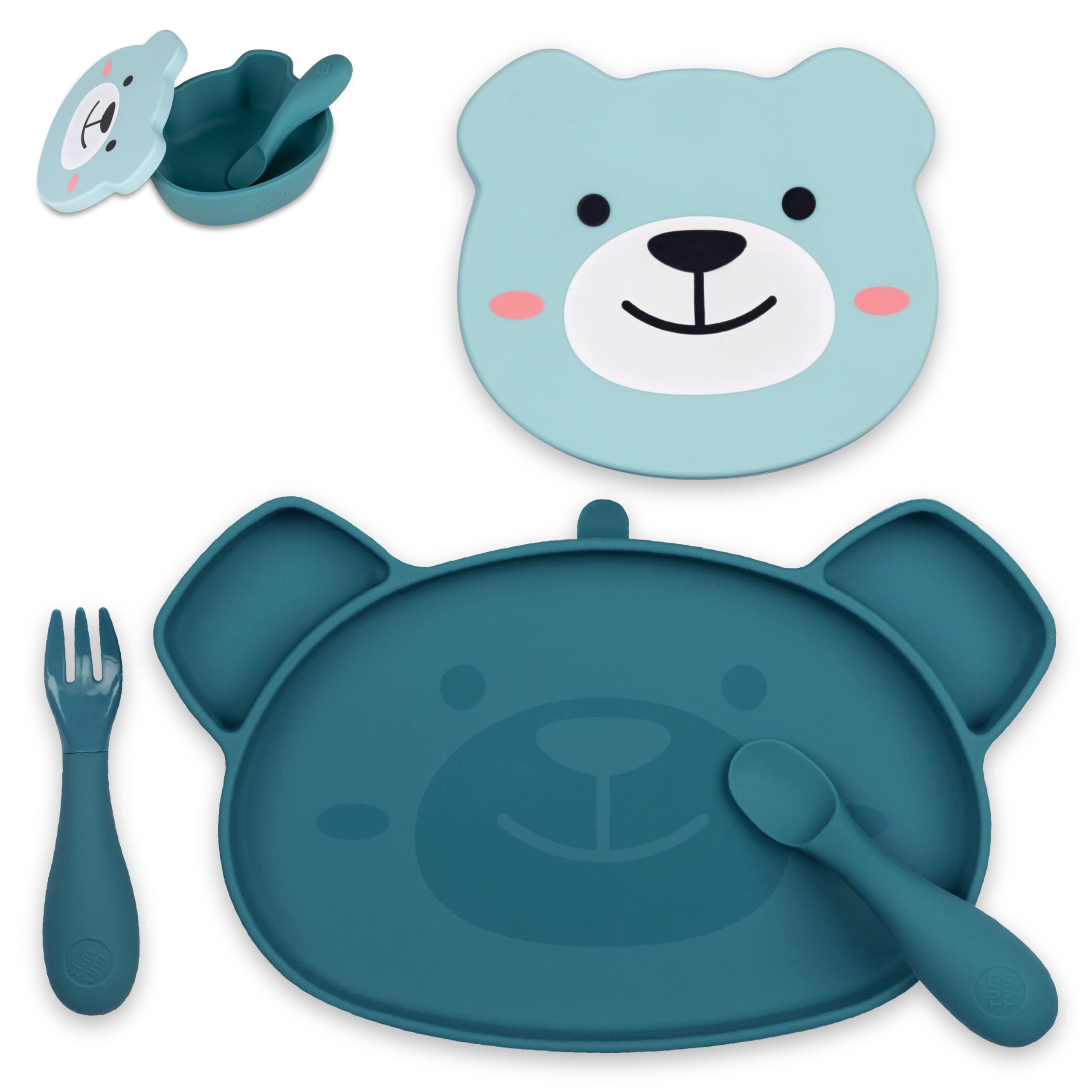 TUM TUM Baby Dinner Set for Weaning - Designed with Feeding Specialist - Includes Silicone Divided Suction Plate, Lidded Bowl and Baby Cutlery - For 6m+ - Dishwasher Safe, BPA Free - Boris Bear - Blue