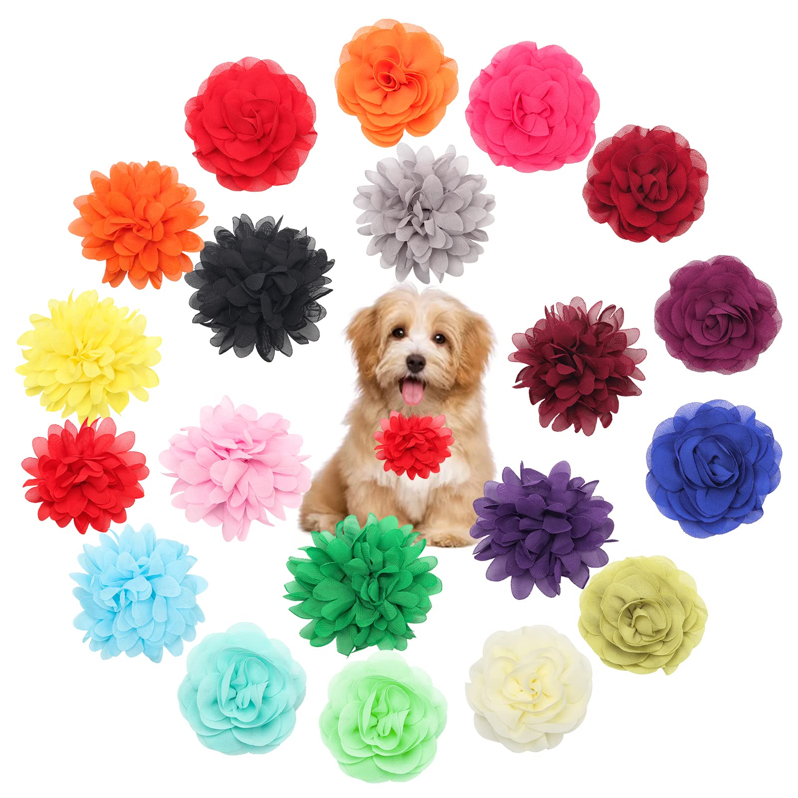 Windspeed 20Pcs Dog Flower Collar Accessory, Multi-Color Pet Flower Collars Soft Chiffon Dog Bow Tie Charms for Puppy Grooming Accessories (2 Sizes)