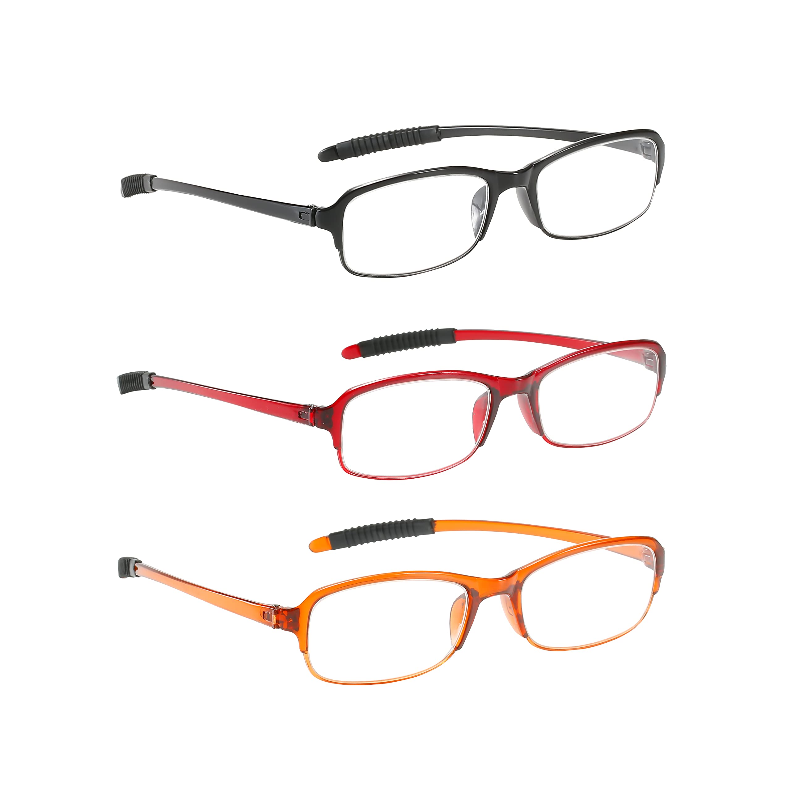 NRDIK PROFLEX SpareSpecs Reading Glasses (value 3 pack) - lightweight, impact resistant, scratch resistant, bendy, flexible, anti-slip, unisex (mens + womens) (red, black, autumn; oval; +1.0)