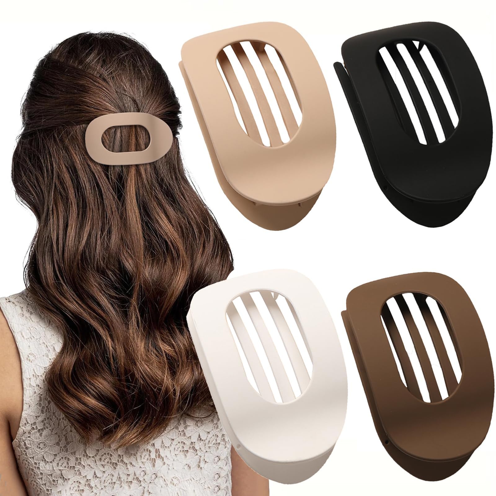 Yeomju Pack of 4 Neutral Colour Matt Flat Hair Claw Clips for Women, Round Lay Down Clip for Thick and Thin Hair, Comfortable, Curved โ image 1
