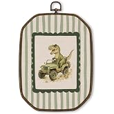 Waterside Pavilion Dinosaur Boy Nursery Octagon Wall Art Decor 10.2x7 Inch | Dinosaur Playroom Canvas Art Prints Framed, Green Striped Dino Truck Car Wall Hanging Decor for Kids Boy Nursery Room Bedroom