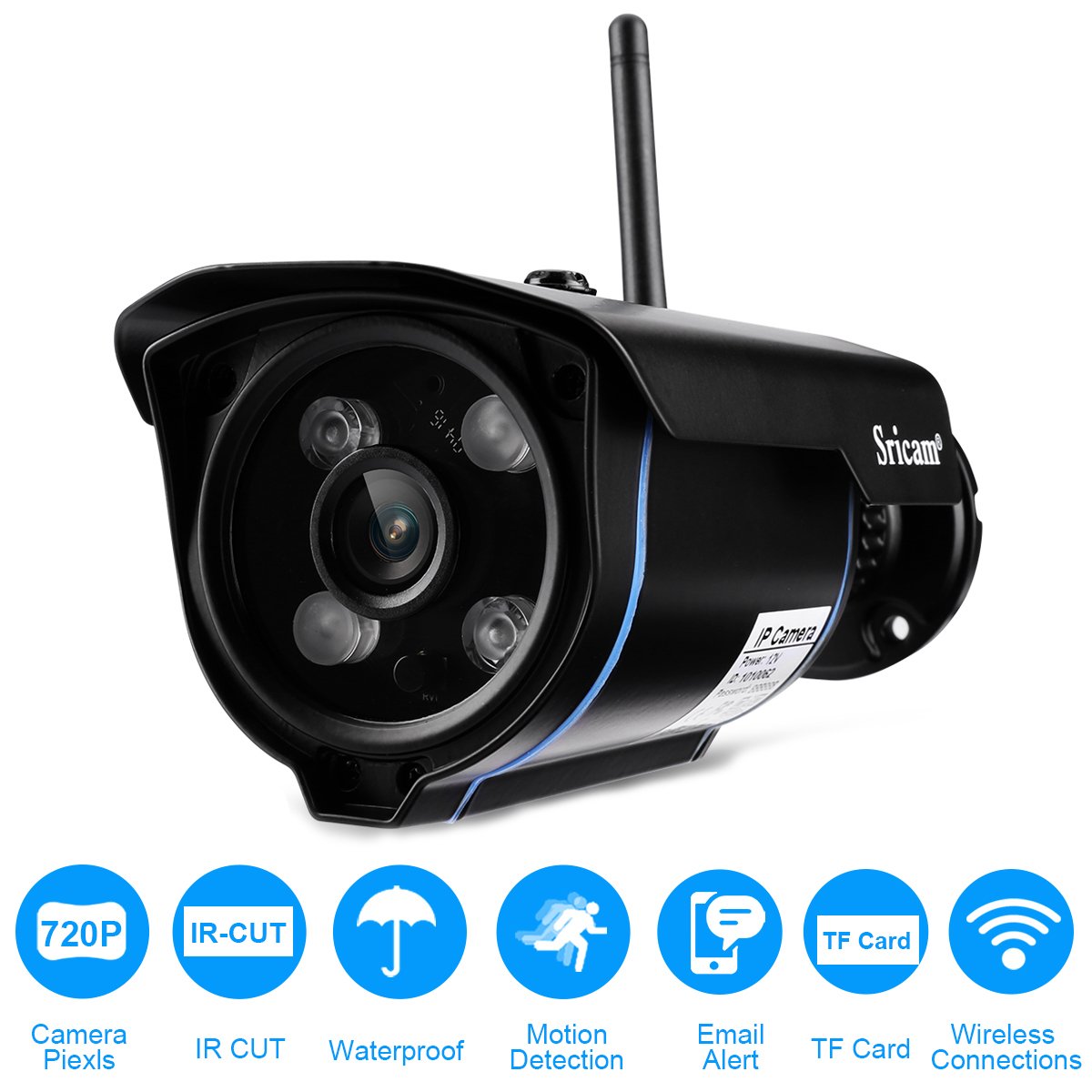 Sricam Cámara IP de seguridad Viginancia inalámbrica 720P ONVIF ,CCTV, P2P, detección de movimiento, visión nocturna,1.0 megapíxeles, expansión de memoria hasta 128G, negro, SP007