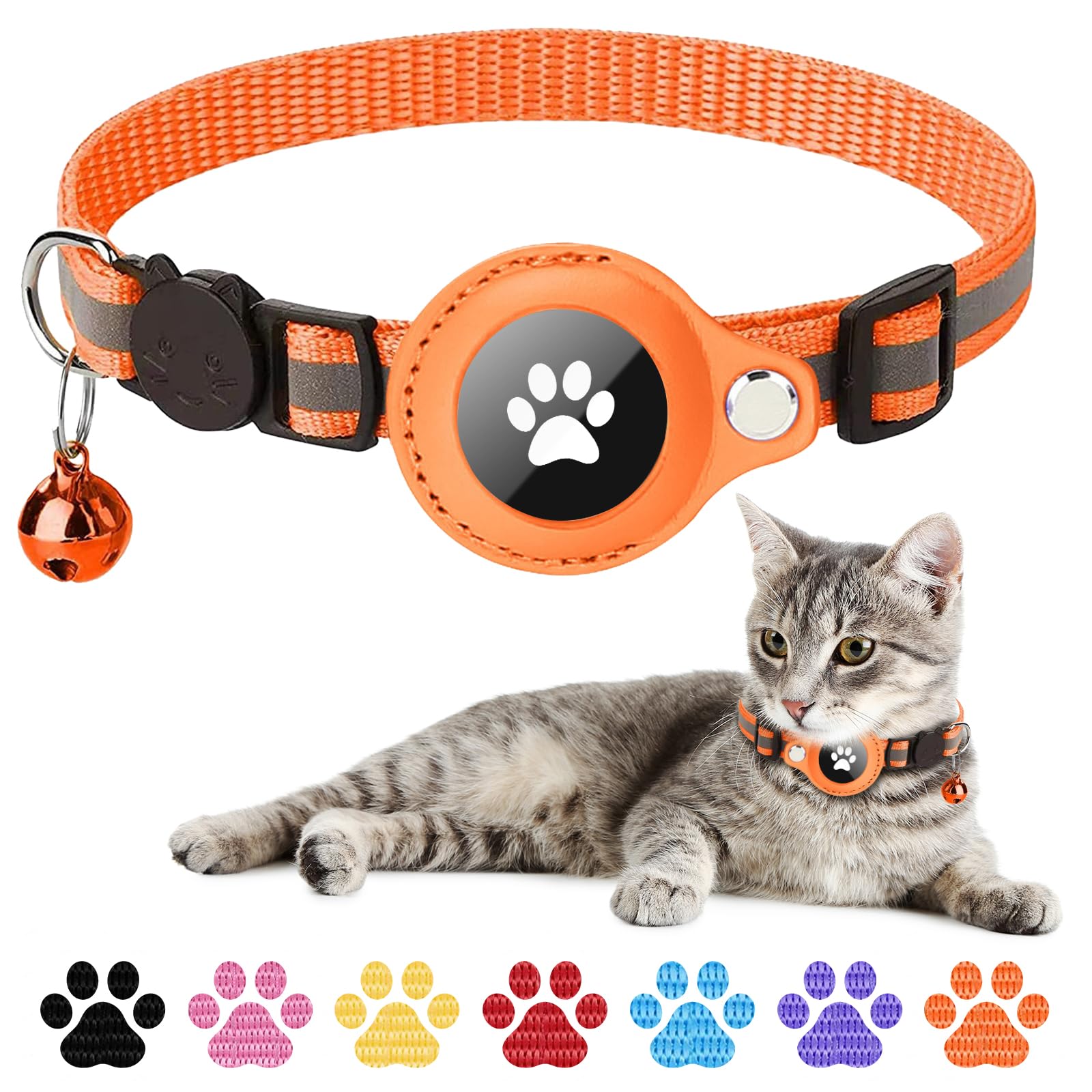 Boloshine Reflective Airtag Cat Collar, Anti-Lost Cat Tracker Collar with AirTag Adjustable Holder & Bell, Lightweight GPS Cat Collar Compatible with Apple Airtag for Small Cats Kitten Puppy (Orange)