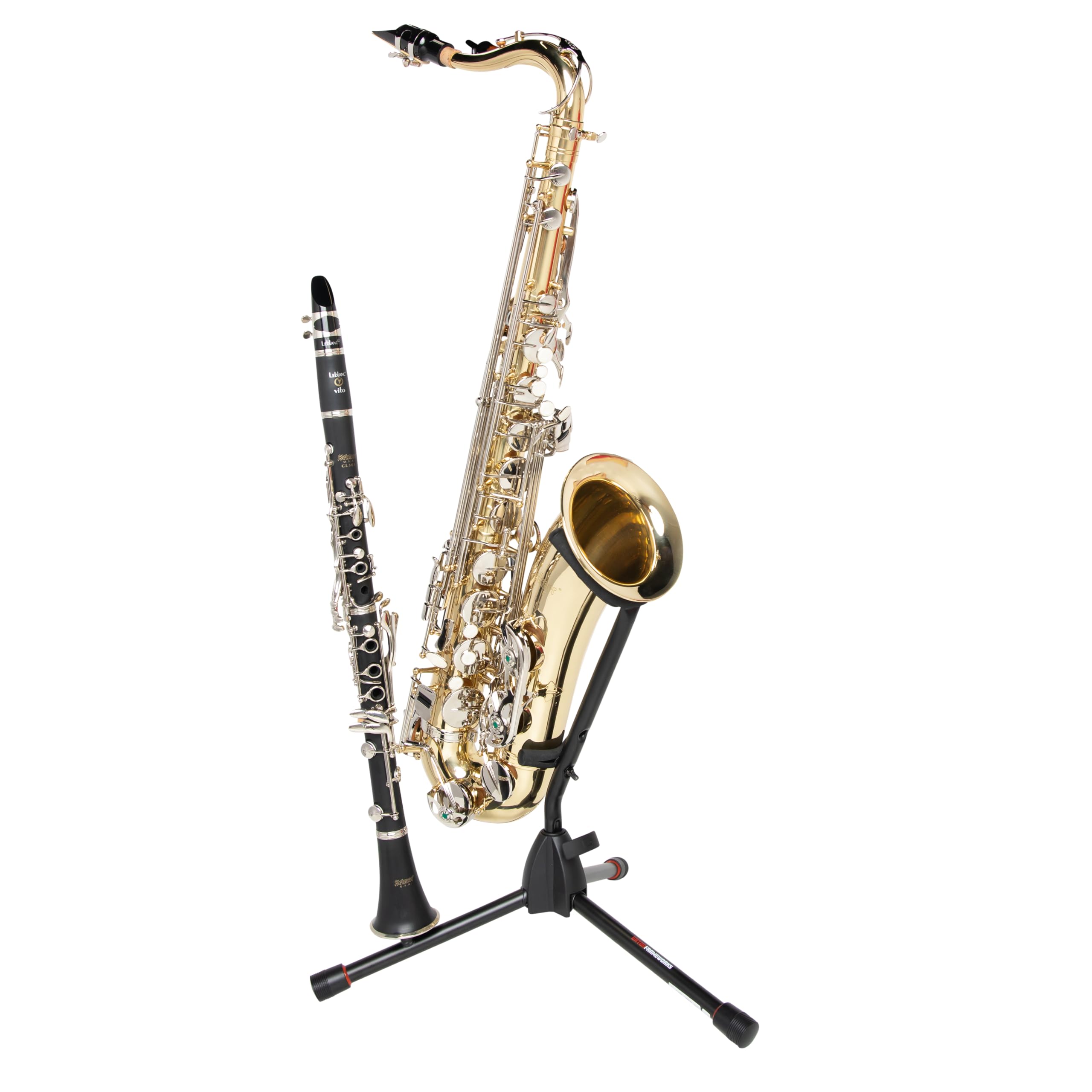 Gator Frameworks Upright Weighted Round Base Stand for Alto and Tenor Saxophones with Clarinet and Flute Peg Attachment (GFW-BNO-SAXFLU)