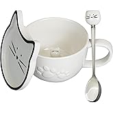 Koolkatkoo Cat Coffee Mug - Ceramic Tea Cup with Lid and Spoon, Cute Hidden 3D Animals Inside Mug, Cat Lovers Gifts, Holiday Christmas Birthday Gifts for Women and Men, 10oz, White