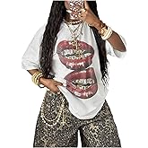 QJQ Women's Lip Graphic Tees Crewneck Short Sleeve Tshirts Summer Streetwear Vintage Tops 2026 White One Lip