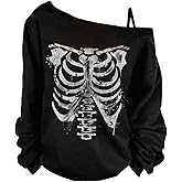 RoseSeek Women's Off The Shoulder Graphic T Shirts Gothic Long Sleeve Tops Y2k Tops