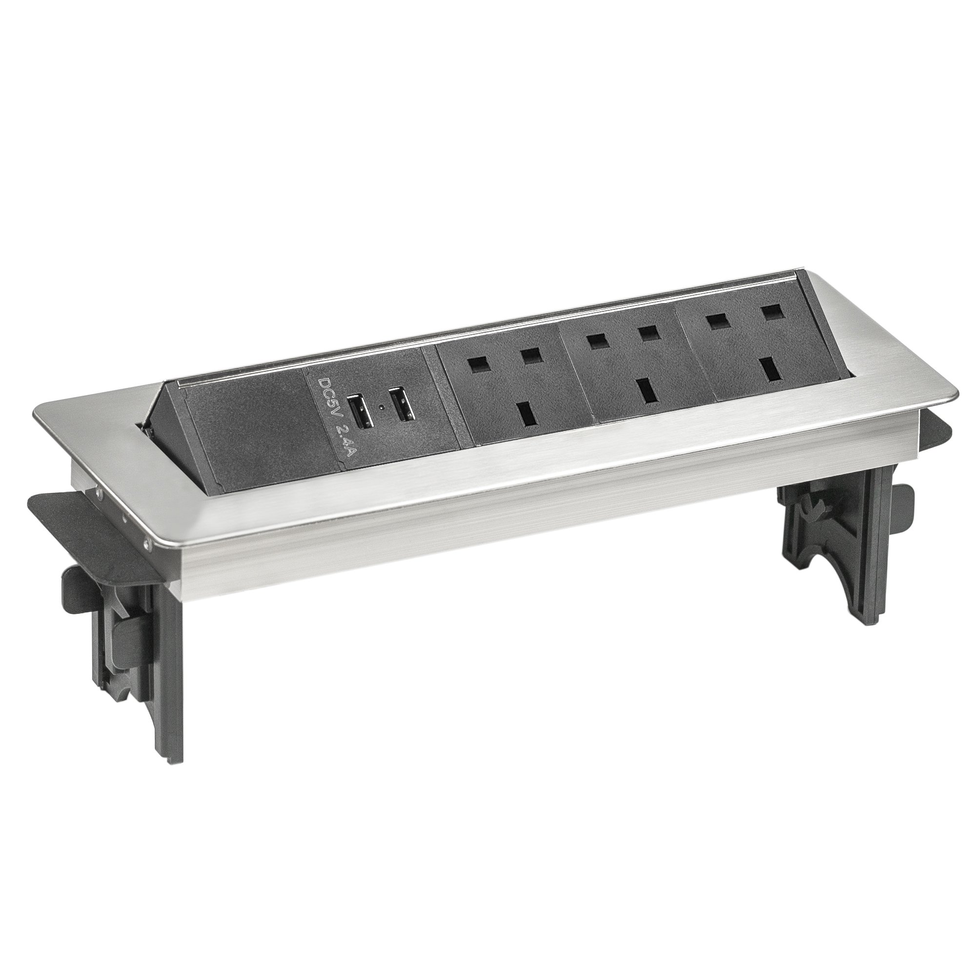 Elbe Inno flush-mounted workbench-socket (3 sockets and 2 USB), multifunctional office socket with semi-automatic cover, black-gray aluminum desktopsocket