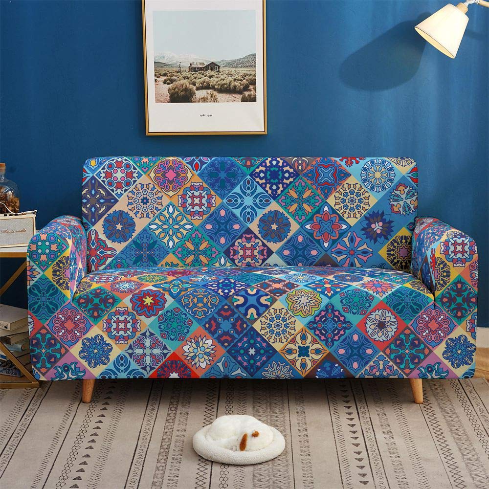 Chickwin-Shop Stretch Sofa Covers 1 Seater Single Sofa Slipcovers Dog Cat Pet Friendly Non Slip Soft 1-piece Blue Mandala Armchair Couch Covers Washable Loveseat Protector Cover