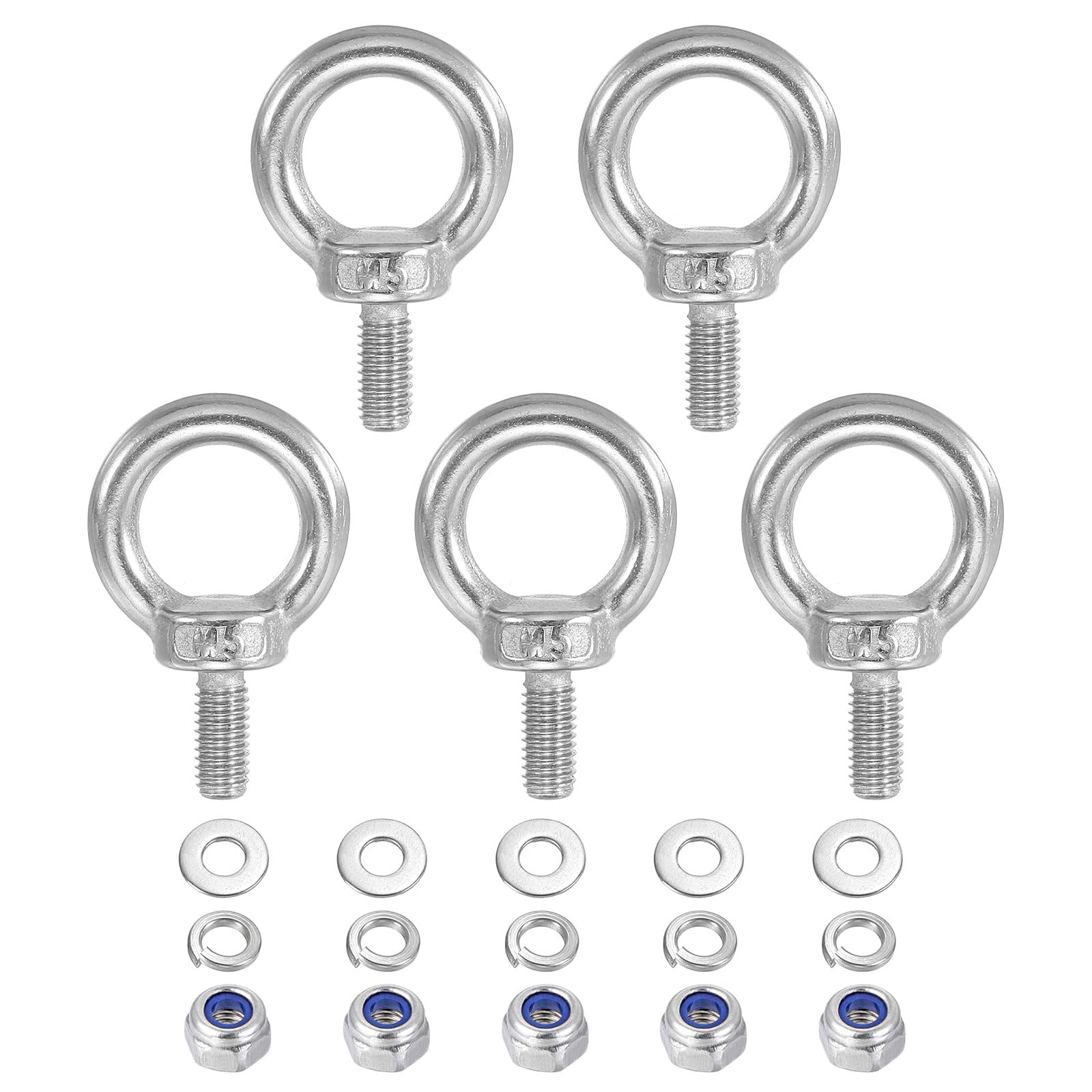 PATIKIL M5 x 10mm Lifting Shoulder Eye Bolt, 5Pcs 304 Stainless Steel Lifting Ring Threaded Eyebolt with Nuts Washers for Hanging Hammocks Articles