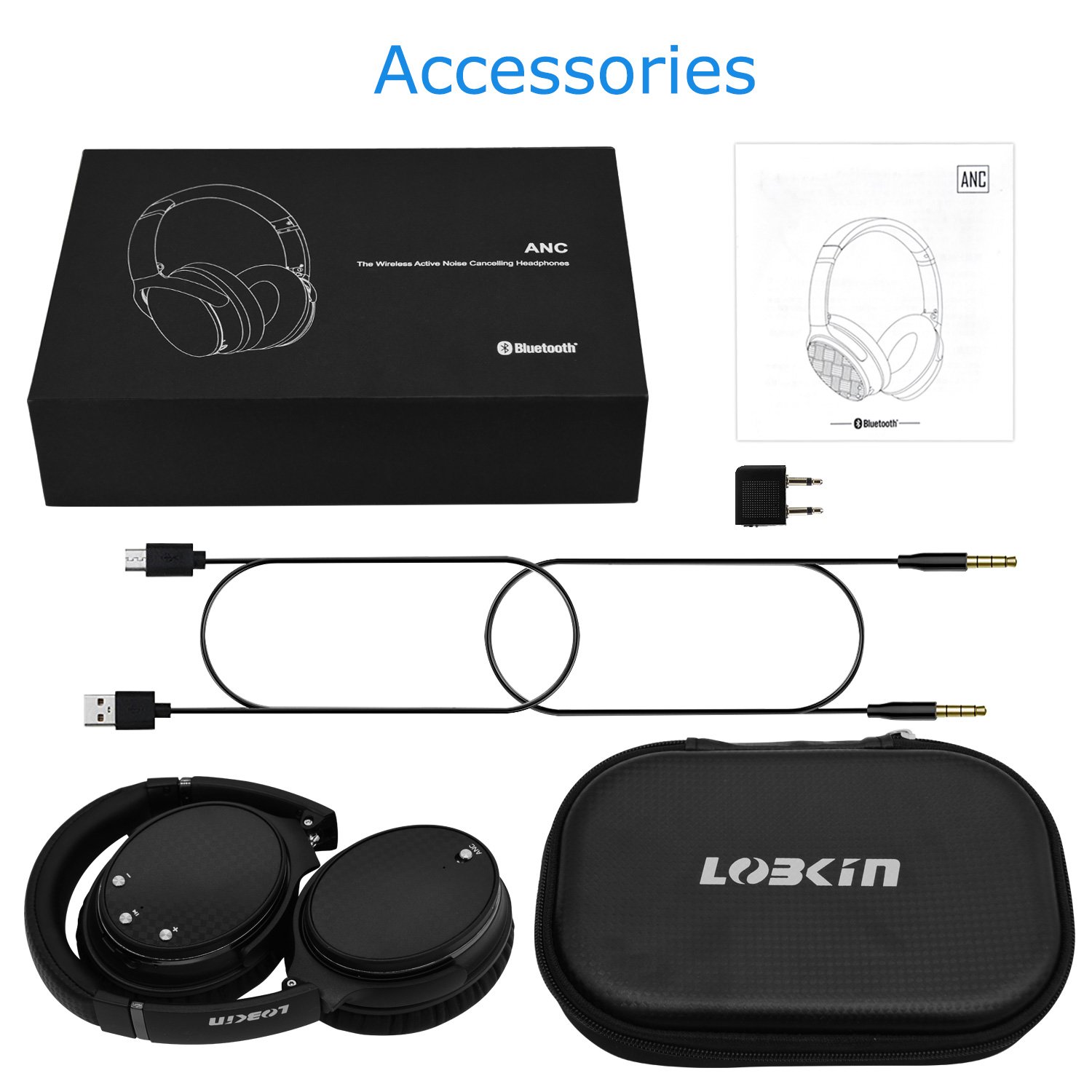 Active Noise Cancelling Bluetooth Headphones,Lobkin Wireless Headphones Over Ear with Microphone, Foldable Headphones with aptX HiFi Stereo Sound,fit for Aeroplane Travel work PC and more