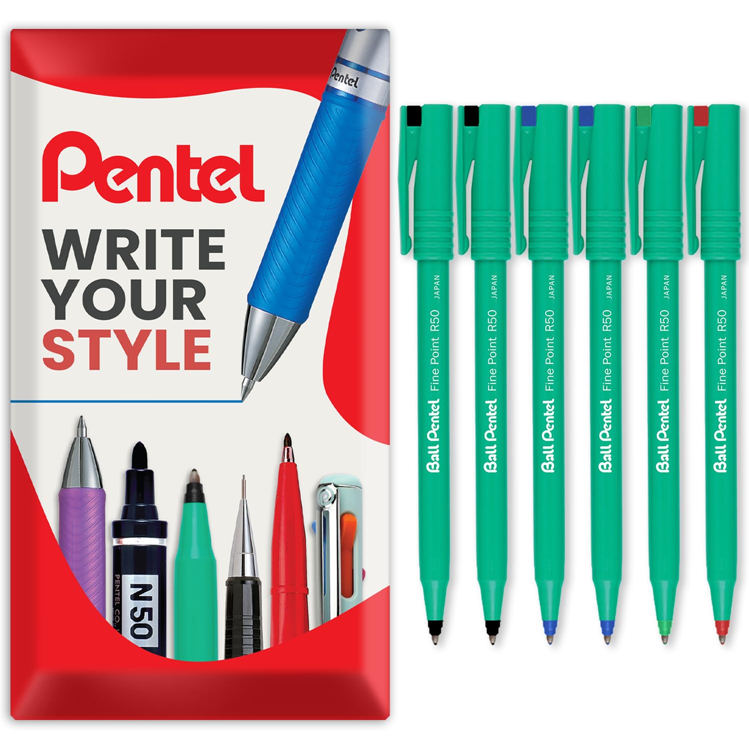Pentel R50 Fine Point Liquid Ink Rollerball Pens - 0.8mm Tip, 0.4mm Line Width - 77% Recycled - 2 x Black, 2 x Blue, Red & Green Ink - In Envelope Gift Packaging