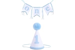 WAOUH Boys 1st Birthday Hat and Highchair Banner - Blue and White Party Decoration (BAI LAN TAO CAN)