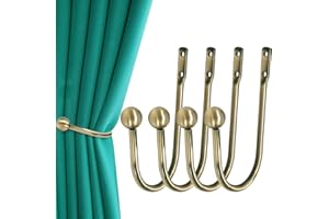 HEMOUR Curtain Holdback, 4 Pcs Wall Mounted Drapery Tiebacks with Screws, Heavy Duty Metal Decorative Window Drapery Holder Curtain Hook, Brass