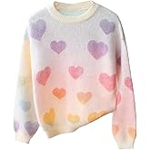 SHENHE Girl's Sweater Crew Neck Heart Print Rainbow Gradient Long Sleeve Fall Sweater Pullover