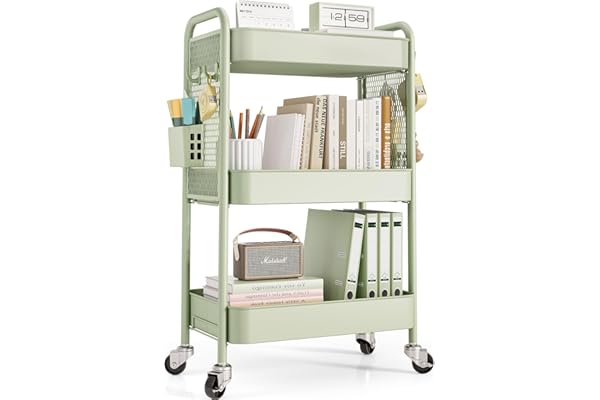 TOOLF 3 Tier Rolling Cart Storage Organizer, Metal Rolling Utility Cart with Wheels, Hooks & Bins Esthetician Craft Art Sturd