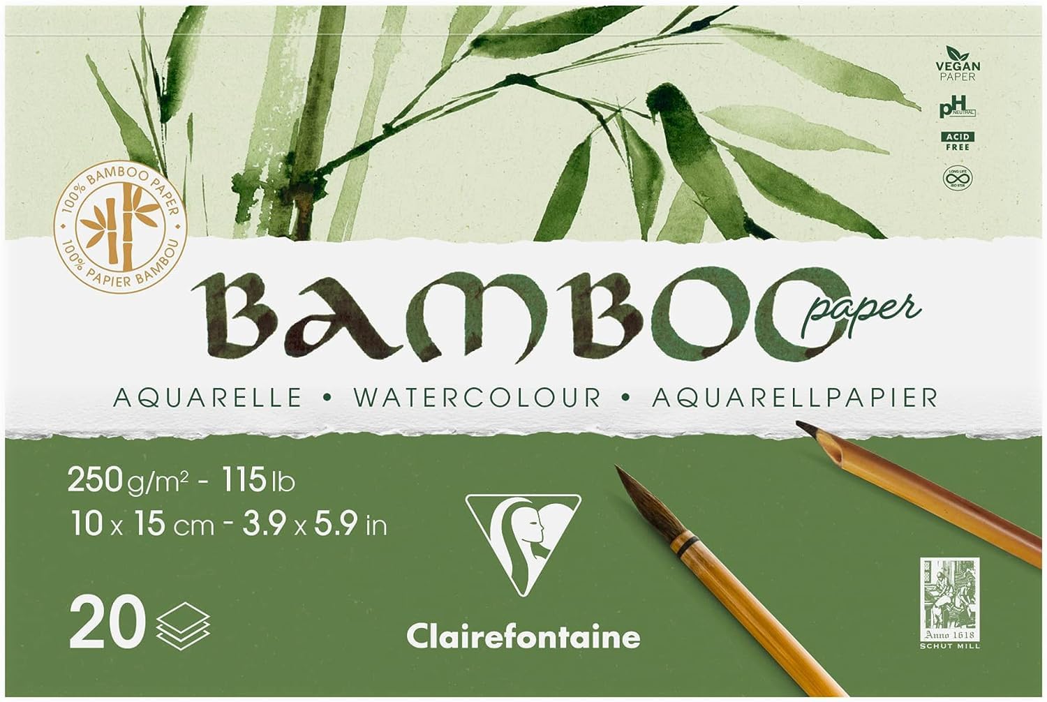 Clairefontaine 975915C - Double-sided pad Bamboo - 20 sheets of 100% bamboo watercolour paper, natural white, 100% vegan - Finely marked grain, 36x48 cm, 250g