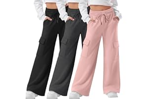 LessonZoo 3 Pack Girls Cargo Sweatpants Kids Wide Leg High Waist Drawstring Pants Casual Baggy Athletic Trousers (Ages 5-14)