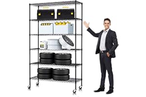 Dkelincs 6 Tier Storage Rack Metal Wire Shelf Unit Height Adjustable NSF Heavy Duty Garage Rack with Wheels 48" x 18" x 82" Commercial Grade Utility Rack for Dining Room Basement Garage Kitchen