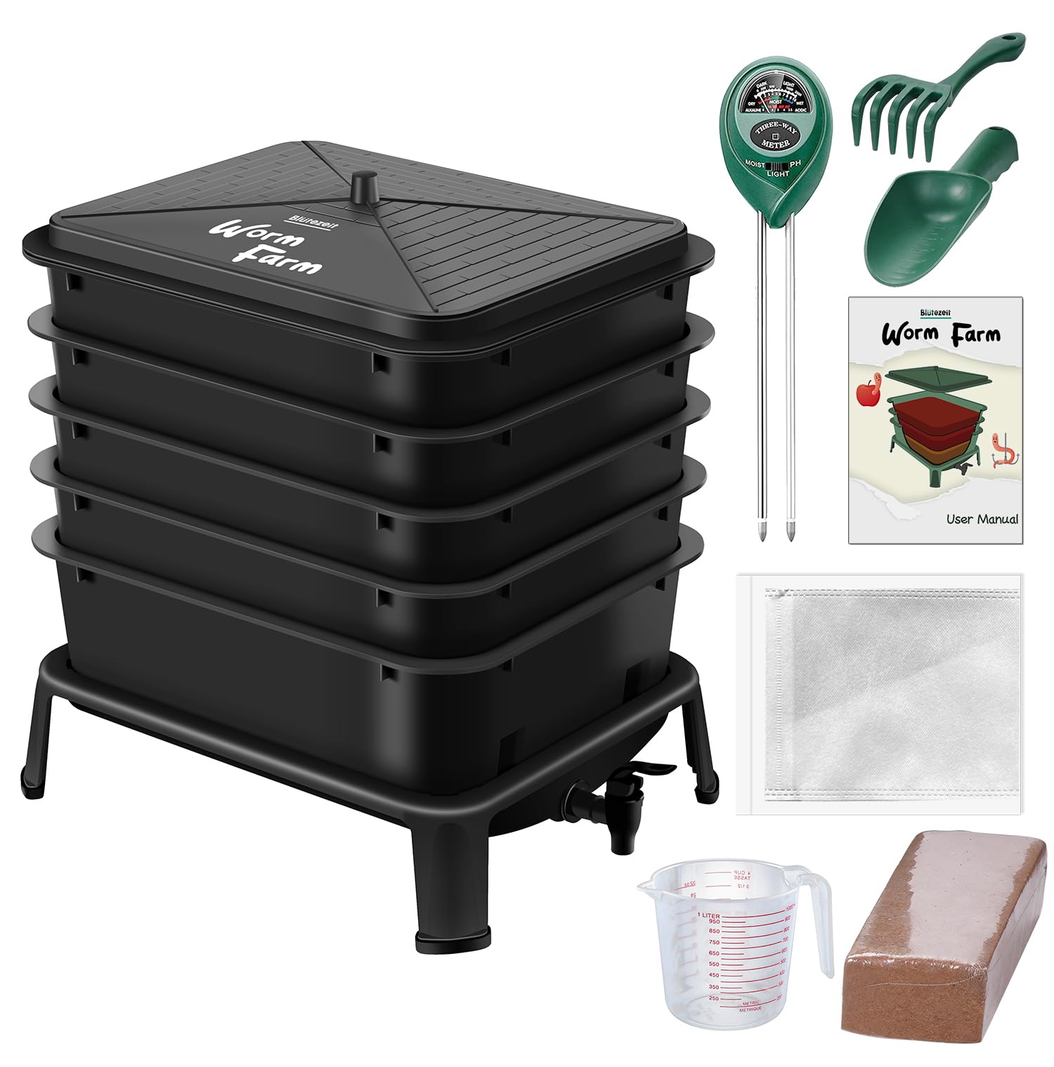 Photo 1 of Blütezeit 5-Tray Worm Composter, 53QT Worm Compost Bin Indoor & Outdoor, Worm Farm Kit for Vermicomposting Starter, Recycling Food Waste (Black)