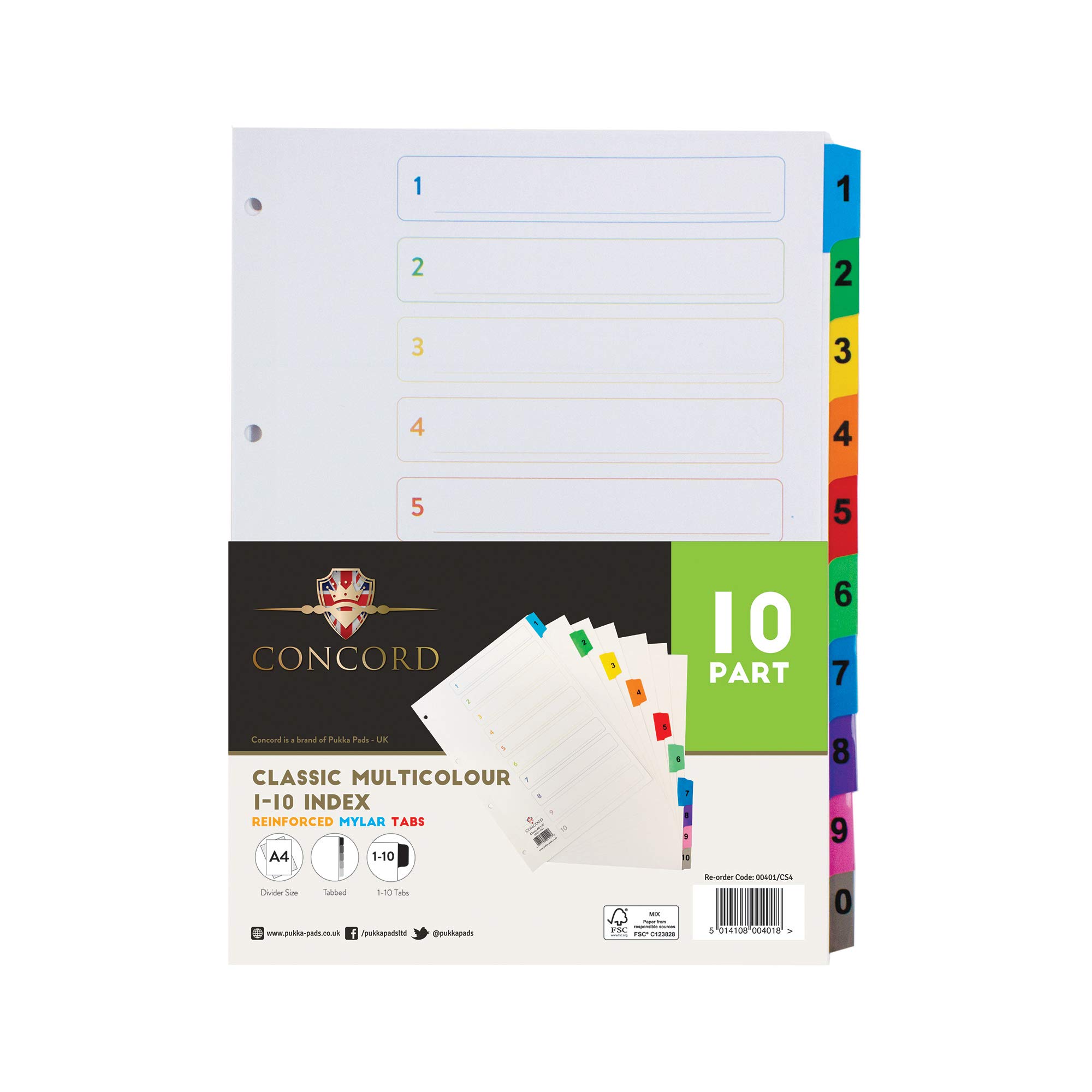 Pukka Pad Concord 10 Part A4 Mylar Dividers - 1 Pack of 10 Tab Set, 4-Hole Punch Compatibility, Numbers 1-10