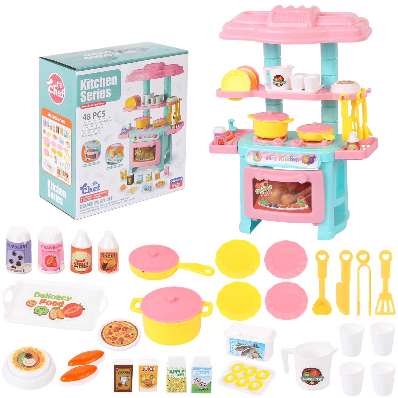 LALASTYLE Pretend Play Kitchen Accessories Set, 47PCS Realistic Toy Kitchen Playset with Storage Shelf, Stove, Oven, Drying Rack & Food - Educational Cooking Gift