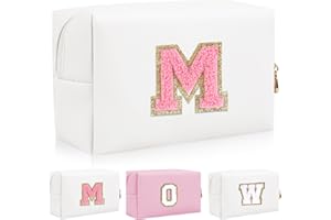 IQIMOTT Personalized Initial Letter Patch Makeup Bag, Preppy Portable Chenille Letter Cosmetic Bag with Zipper, PU Leather Waterproof Travel Toiletry Bag Monogram Make Up Pouch for Women Girls(Letter M)