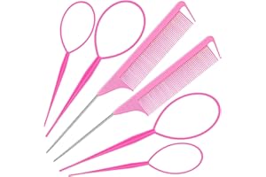 LINMXIY Topsy Pink Styling Tools Set - 6 Pcs Hair Loops, 2 Steel Pin Combs & 4 Pony Tail Tools for Women's Hairstyles, A Gift