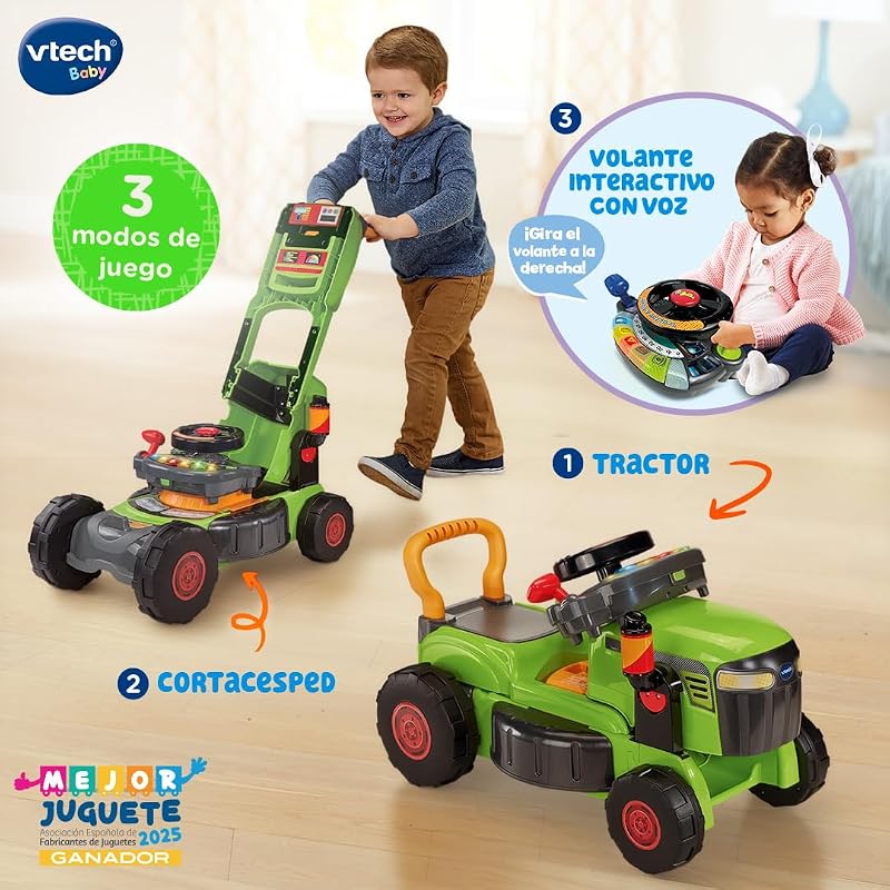 -Baby Convertible 3 en 1 Tractor y Cortacésped, Juguete +1 Año