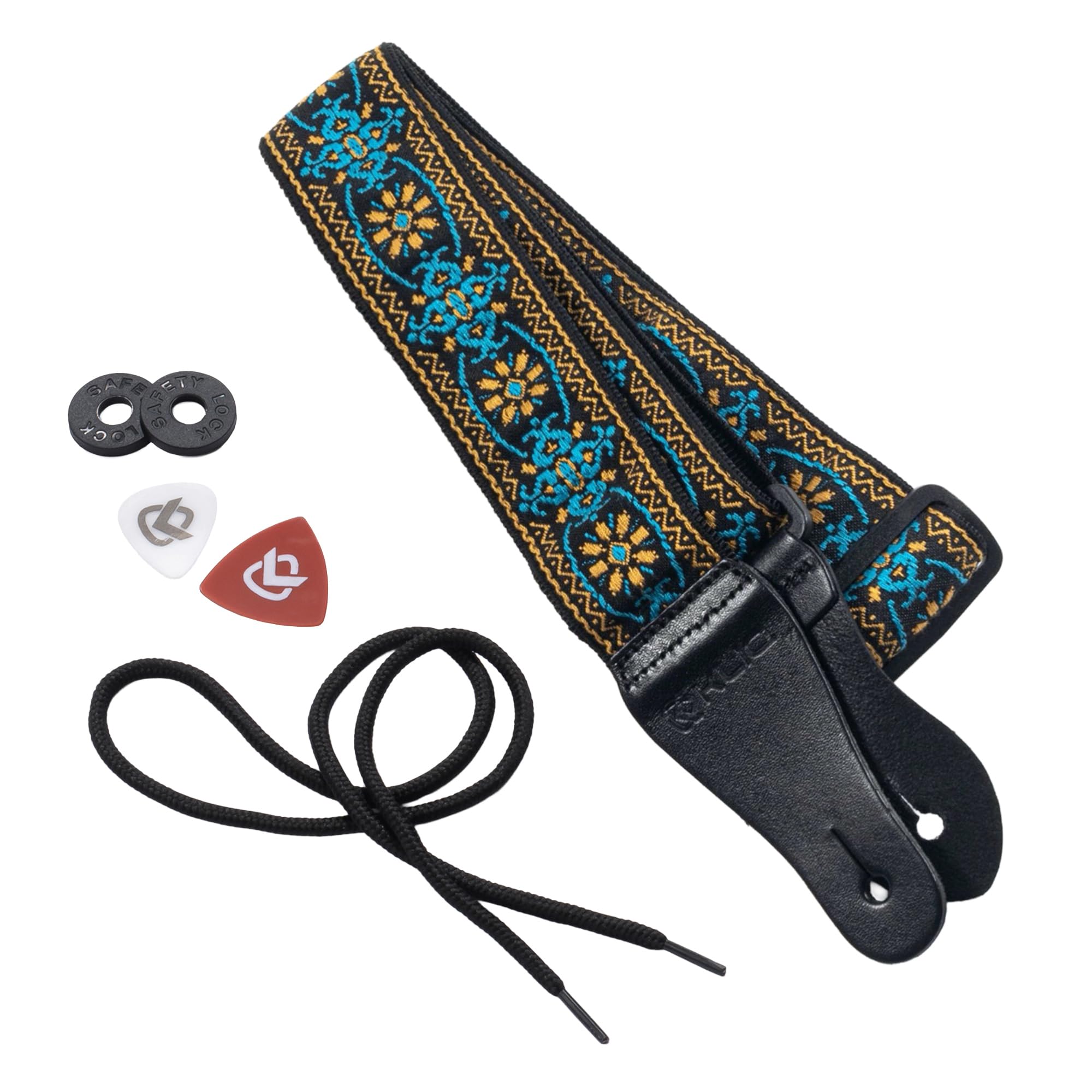 KLIQ Vintage Woven Guitar Strap for Acoustic and Electric Guitars + 2 Rubber Strap Locks, 2 Guitar Picks and 1 Lace | '60s Jacquard Weave Hootenanny Style | Hippie Blue & Gold