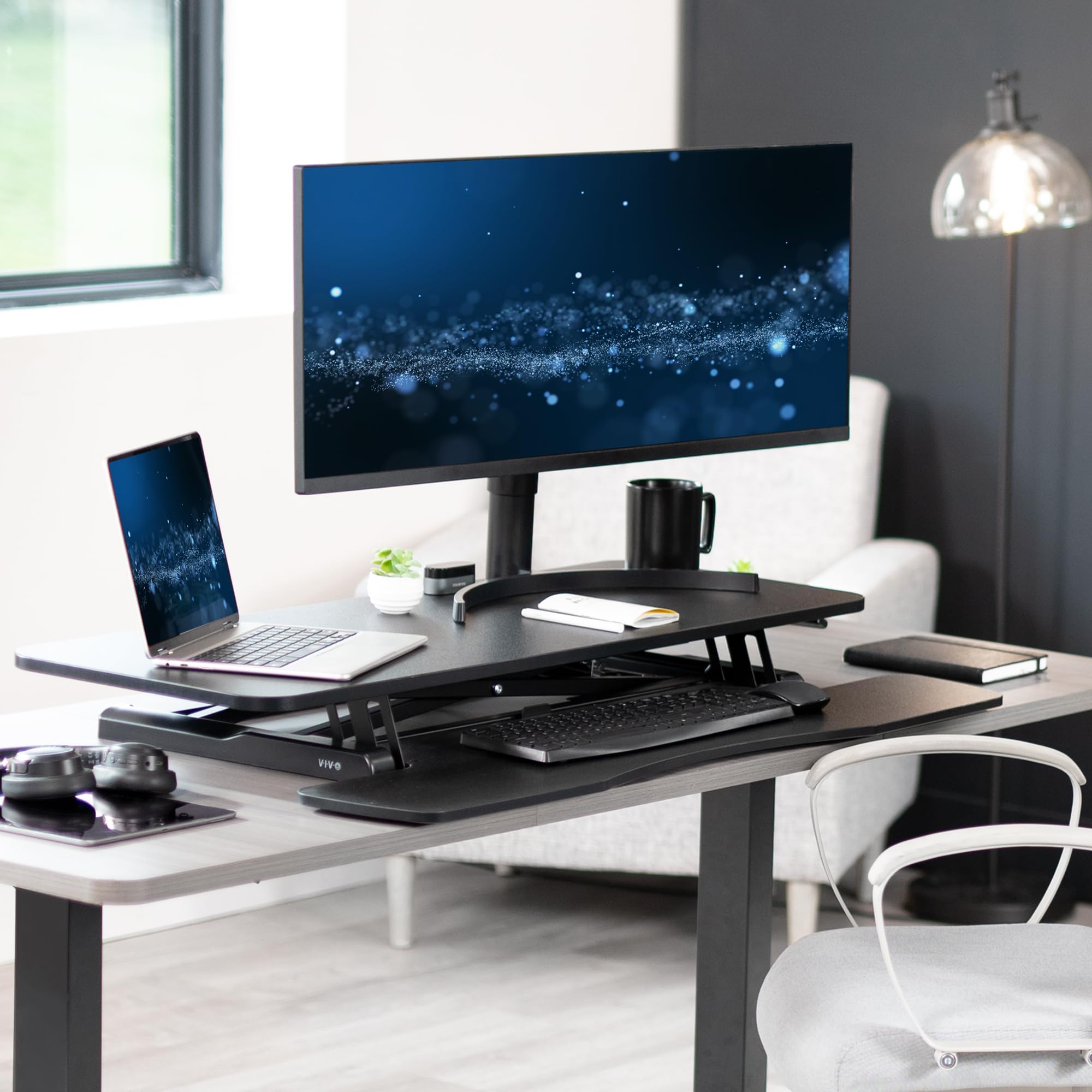 VIVO 42 inch Desk Converter, K Series, Height Adjustable Sit to Stand Riser, Dual Monitor and Laptop Workstation with Wide Keyboard Tray, Black, DESK-V042KB