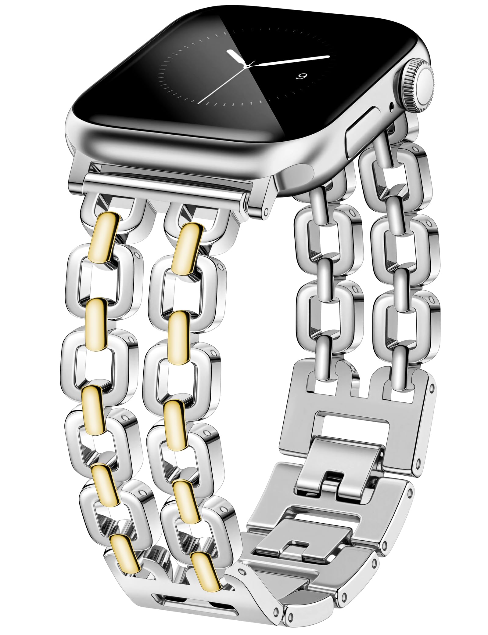 Newlibery Silver Gold Watch Bands for Women Compatible with Apple Watch 38mm 40mm 41mm 42mm (S10/11) Adjustable Metal Strap Dressy Pretty Chain Bracelet for iWatch Series 11/10/9/8/7/6/5/4/SE/3/2/1