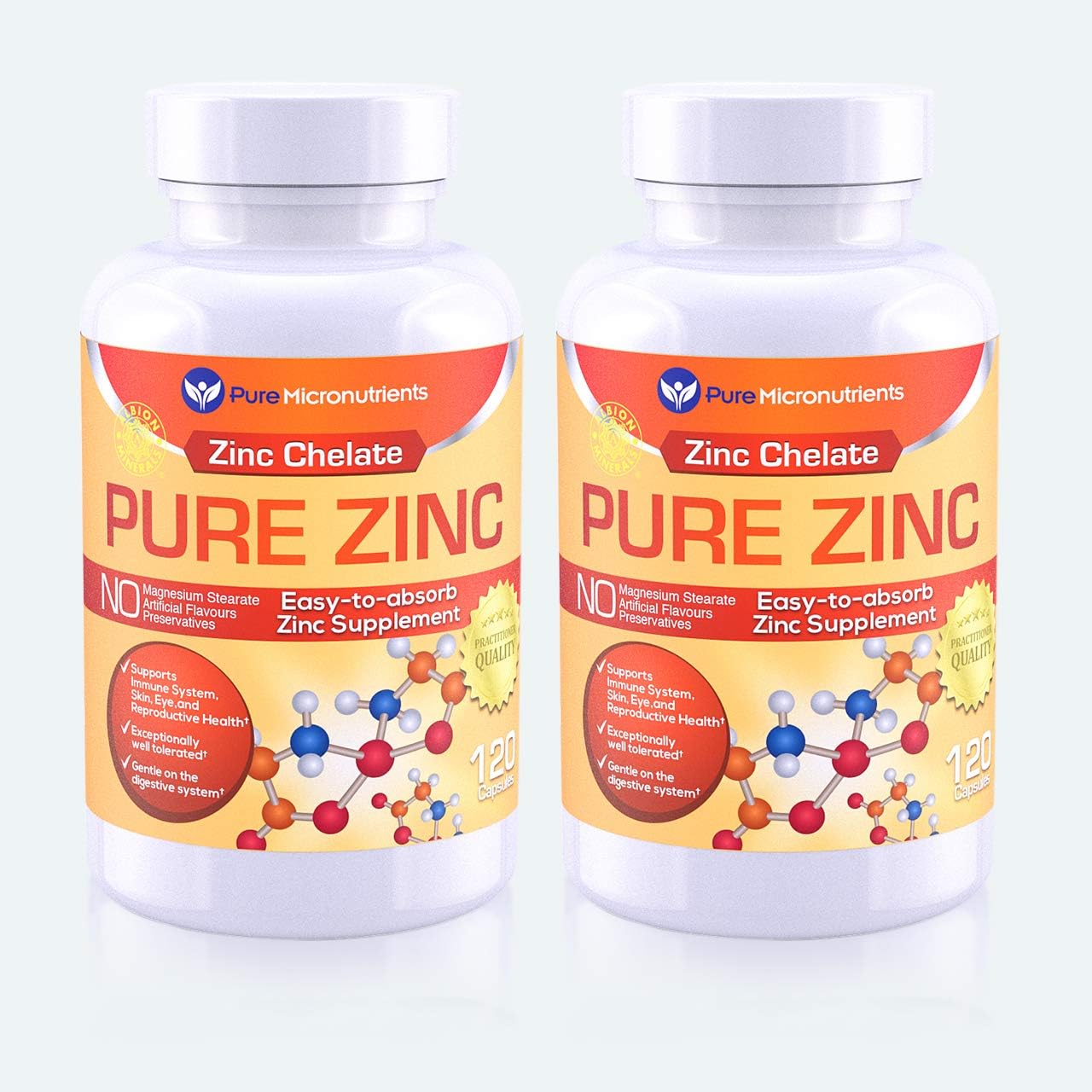 Zinc Supplement, Natural Zinc Glycinate Supplements, (Chelated) 25mg, 120 (Value 2 Pack) - Pure Micronutrients
