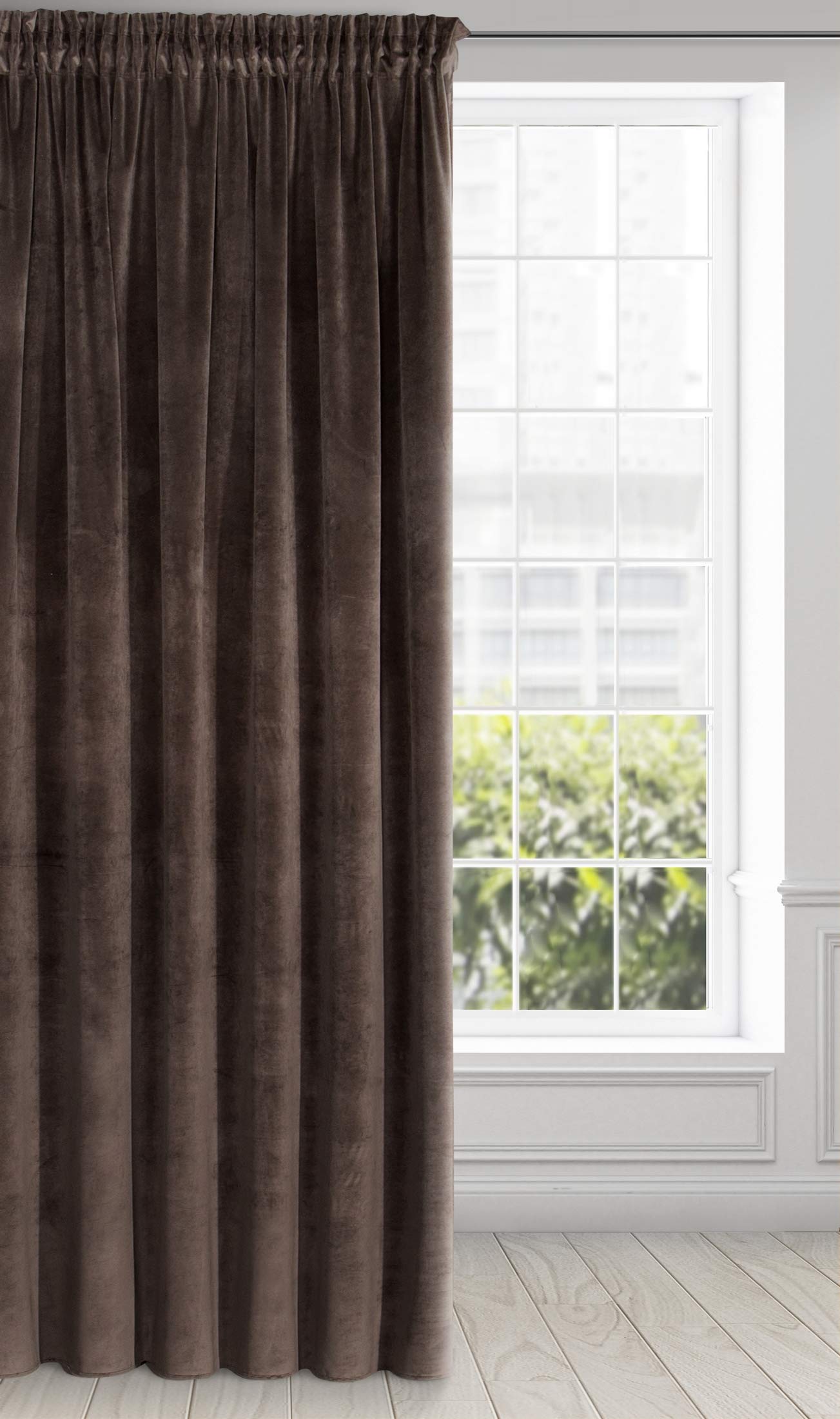 Eurofirany Soft Plain Opaque Velvet Curtain with Rufflette Tape For Rail - 1 Unit, Thick Fluffy Panel Drape Classic Glamour Elegant Living Room Bedroom, W55'' x L106'', 140x270 cm, Brown