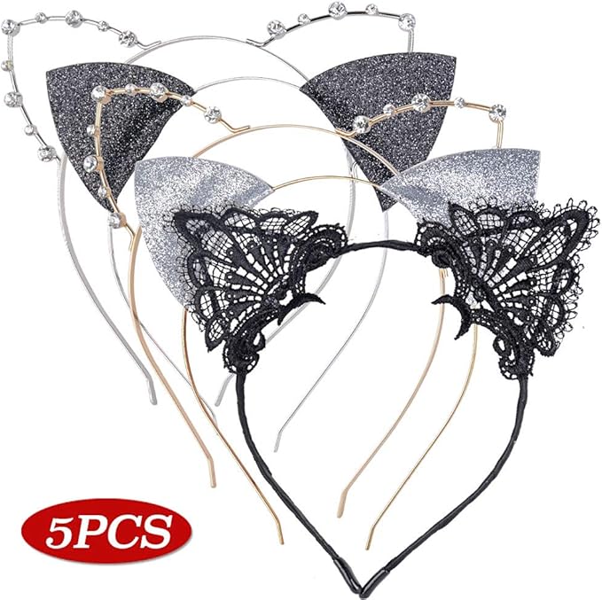 5 Pieces Cat Ear Headband, Lace Cat Ears Hairband for Women Girls Party