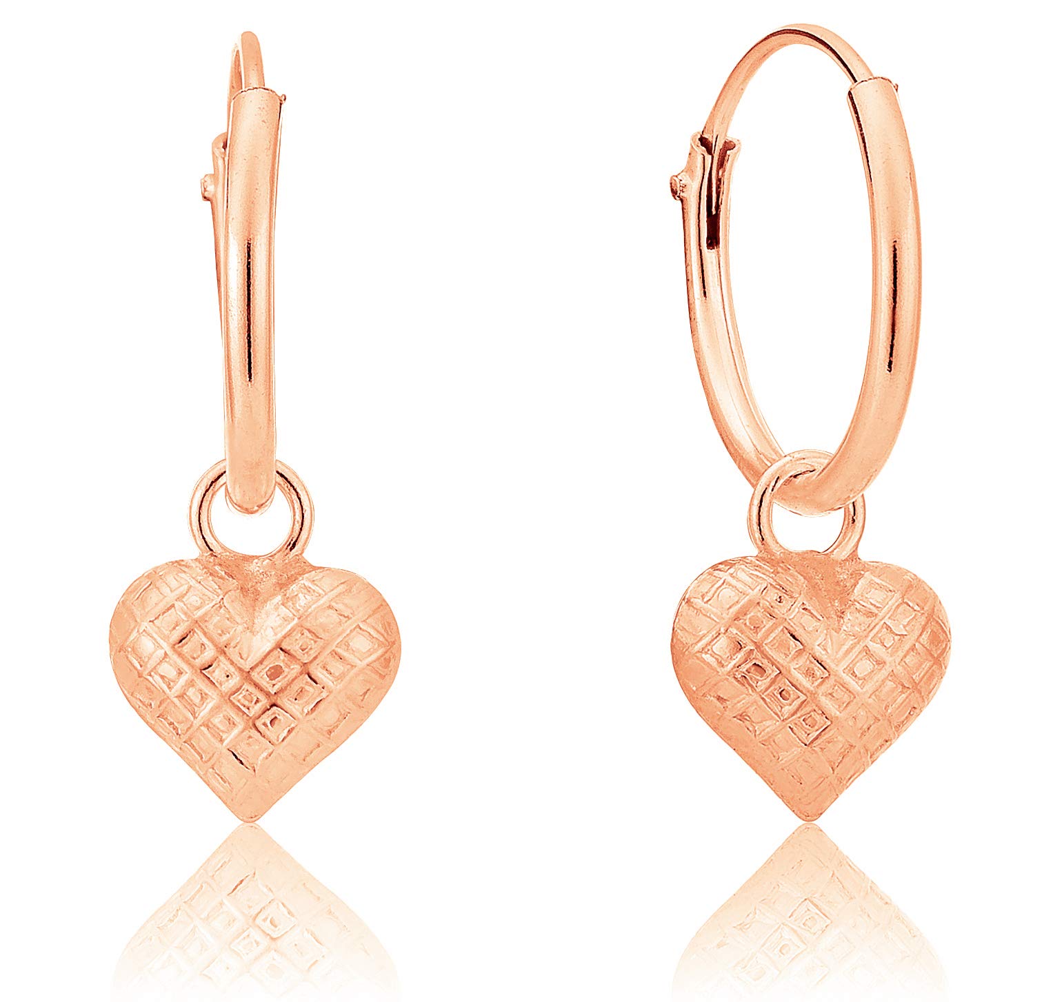 DTPSilver - 925 Sterling Silver and Rose Gold Plated Hoops with Dangling Puffed Heart Earrings - Hoop 12 mm