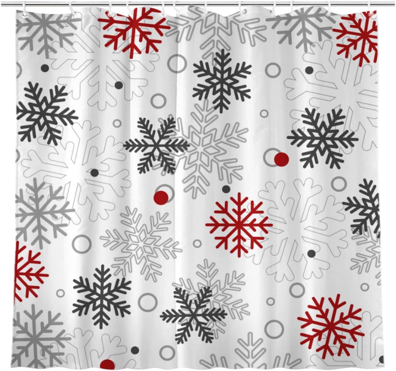 JOOCAR Christmas Snowflakes Shower Curtain Winter Red Grey White Snowflake Waterproof Shower Curtains for Bathroom Merry Xmas New Year Holiday Bathroom Shower Curtain Set with Hooks 72x72 Inch